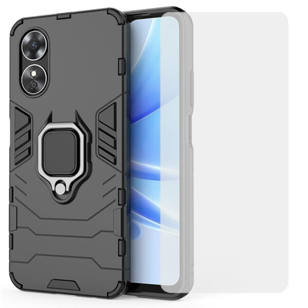 Set husa Comando Armor Ring cu folie de silicon compatibila cu Oppo A17, Antisoc, Ultrarezistenta, Protectie 360, Inel Metalic Rotativ, Negru