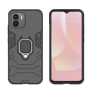 Set husa Comando Armor Ring cu folie de silicon compatibila cu Xiaomi Redmi A1 Plus / A1 +, Antisoc, Ultrarezistenta, Protectie 360, Inel Metalic Rotativ, Negru