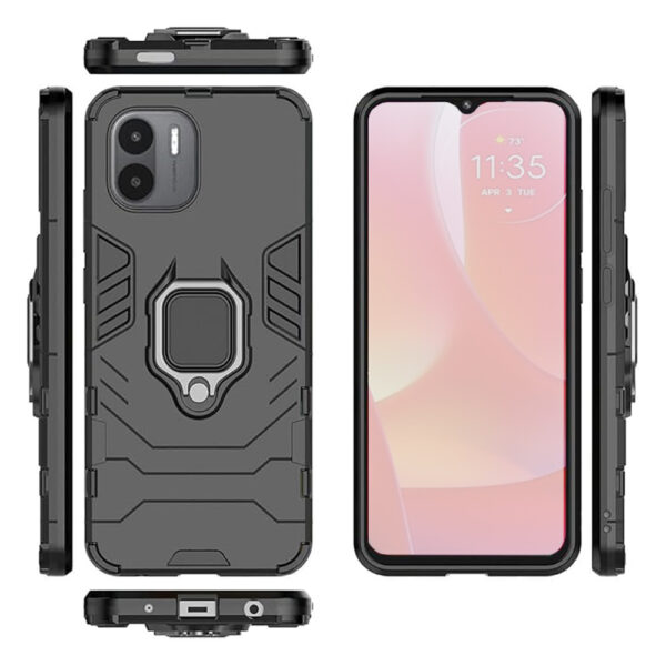 Set husa Comando Armor Ring cu folie de silicon compatibila cu Xiaomi Redmi A1 Plus / A1 +, Antisoc, Ultrarezistenta, Protectie 360, Inel Metalic Rotativ, Negru - 2