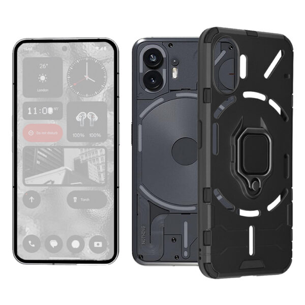 Set husa Comando Armor Ring cu folie de silicon compatibila cu Nothing Phone 2, Antisoc, Ultrarezistenta, Protectie 360, Inel Metalic Rotativ, Negru