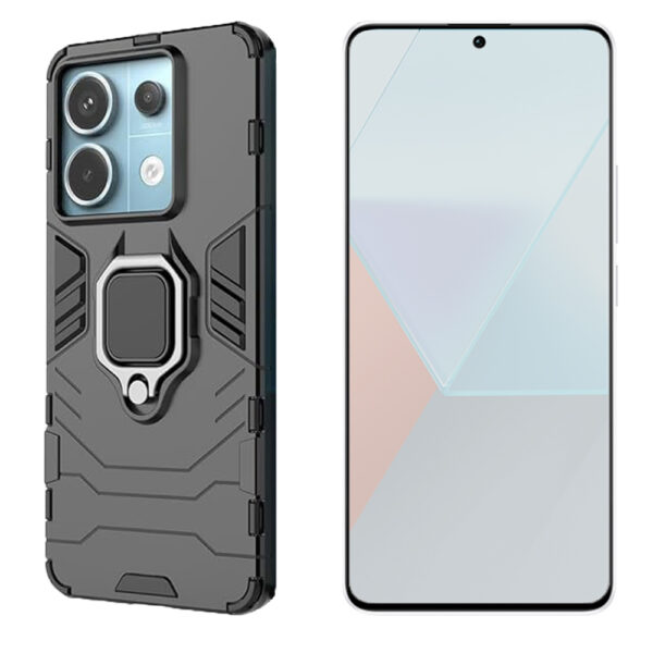 Set husa Comando Armor Ring cu folie de silicon compatibila cu Xiaomi Redmi Note 13 Pro 5G / Poco X6, Antisoc, Ultrarezistenta, Protectie 360, Inel Metalic Rotativ, Negru