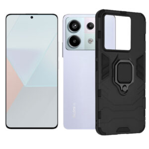 Set husa Comando Armor Ring cu folie de silicon compatibila cu Xiaomi Redmi Note 13 Pro 5G / Poco X6, Antisoc, Ultrarezistenta, Protectie 360, Inel Metalic Rotativ, Negru - 2