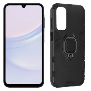 Set husa Comando Armor Ring cu folie de silicon compatibila cu Samsung Galaxy A15 4G, Antisoc, Ultrarezistenta, Protectie 360, Inel Metalic Rotativ, Negru