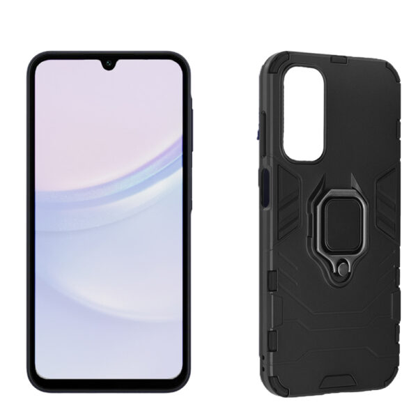 Set husa Comando Armor Ring cu folie de silicon compatibila cu Samsung Galaxy A15 5G, Antisoc, Ultrarezistenta, Protectie 360, Inel Metalic Rotativ, Negru