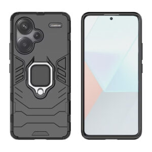 Set husa Comando Armor Ring cu folie de silicon compatibila cu Xiaomi Redmi Note 13 Pro Plus / Note 13 Pro + 5G, Antisoc, Ultrarezistenta, Protectie 360, Inel Metalic Rotativ, Negru