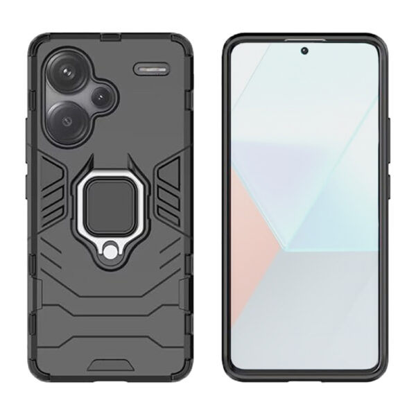 Set husa Comando Armor Ring cu folie de silicon compatibila cu Xiaomi Redmi Note 13 Pro Plus / Note 13 Pro + 5G, Antisoc, Ultrarezistenta, Protectie 360, Inel Metalic Rotativ, Negru