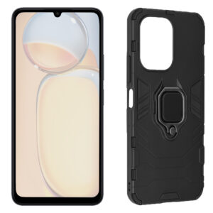 Set husa Comando Armor Ring cu folie de silicon compatibila cu Xiaomi Redmi 13C 4G, Antisoc, Ultrarezistenta, Protectie 360, Inel Metalic Rotativ, Negru