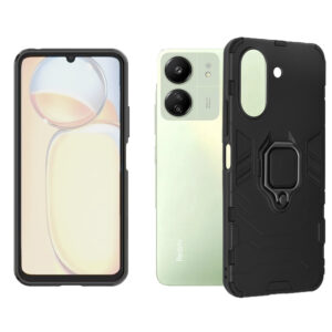 Set husa Comando Armor Ring cu folie de silicon compatibila cu Xiaomi Poco C65, Antisoc, Ultrarezistenta, Protectie 360, Inel Metalic Rotativ, Negru