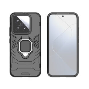 Set husa Comando Armor Ring cu folie de silicon compatibila cu Xiaomi 14, Antisoc, Ultrarezistenta, Protectie 360, Inel Metalic Rotativ, Negru