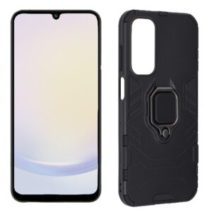 Set husa Comando Armor Ring cu folie de silicon compatibila cu Samsung Galaxy A25, Antisoc, Ultrarezistenta, Protectie 360, Inel Metalic Rotativ, Negru