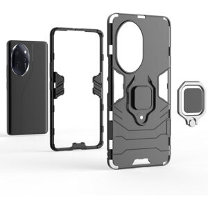 Set husa Comando Armor Ring cu folie de silicon compatibila cu Honor 100 Pro, Antisoc, Ultrarezistenta, Protectie 360, Inel Metalic Rotativ, Negru - 6