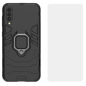 Set husa Comando Armor Ring cu folie de silicon compatibila cu Samsung Galaxy A50 / A30s, Antisoc, Ultrarezistenta, Protectie 360, Inel Metalic Rotativ, Negru