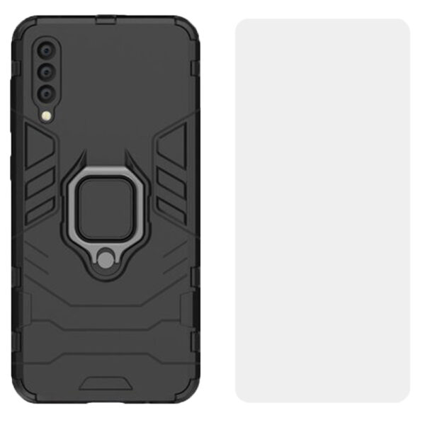 Set husa Comando Armor Ring cu folie de silicon compatibila cu Samsung Galaxy A50 / A30s, Antisoc, Ultrarezistenta, Protectie 360, Inel Metalic Rotativ, Negru