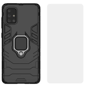 Set husa Comando Armor Ring cu folie de silicon compatibila cu Samsung Galaxy A71 4G, Antisoc, Ultrarezistenta, Protectie 360, Inel Metalic Rotativ, Negru