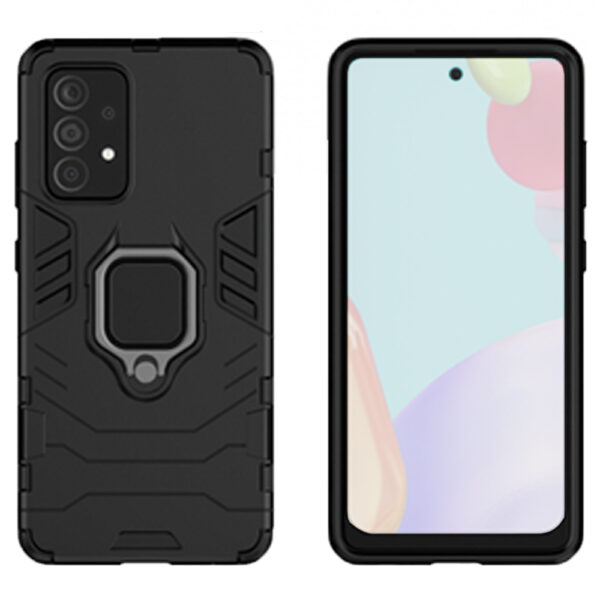 Set husa Comando Armor Ring cu folie de silicon compatibila cu Samsung Galaxy A52 / A52S, Antisoc, Ultrarezistenta, Protectie 360, Inel Metalic Rotativ, Negru