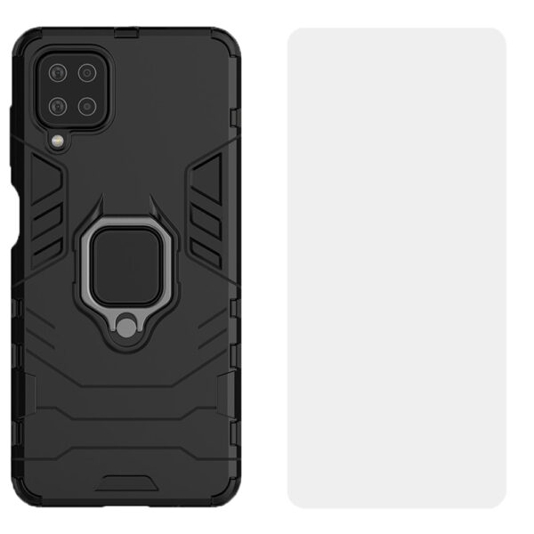 Set husa Comando Armor Ring cu folie de silicon compatibila cu Samsung Galaxy A12 / A12 Nacho, Antisoc, Ultrarezistenta, Protectie 360, Inel Metalic Rotativ, Negru