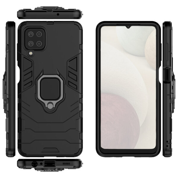 Set husa Comando Armor Ring cu folie de silicon compatibila cu Samsung Galaxy A12 / A12 Nacho, Antisoc, Ultrarezistenta, Protectie 360, Inel Metalic Rotativ, Negru - 3