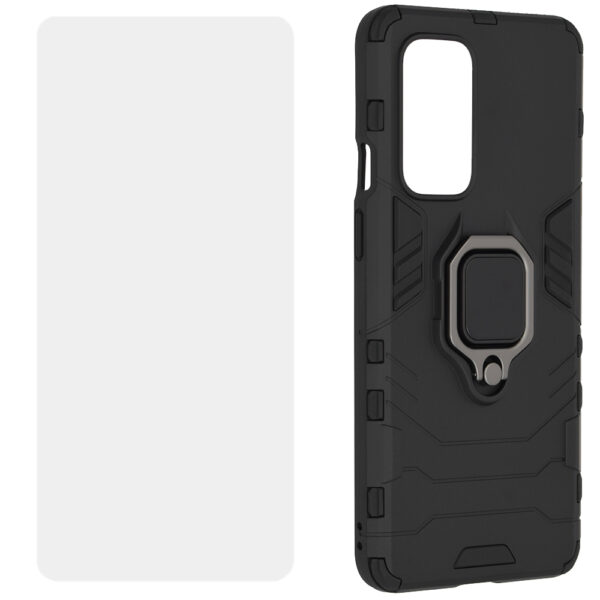 Set husa Comando Armor Ring cu folie de silicon compatibila cu OnePlus 9, Antisoc, Ultrarezistenta, Protectie 360, Inel Metalic Rotativ, Negru