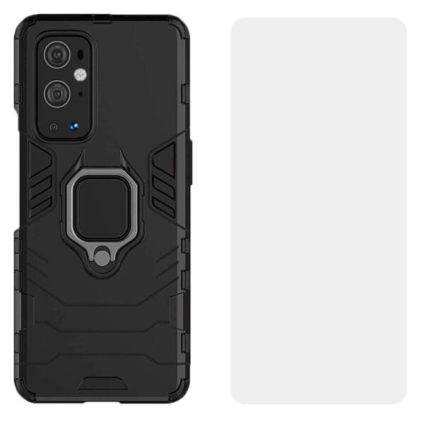 Set husa Comando Armor Ring cu folie de silicon compatibila cu OnePlus 9 Pro, Antisoc, Ultrarezistenta, Protectie 360, Inel Metalic Rotativ, Negru