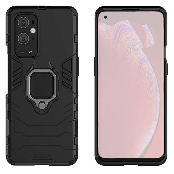 Set husa Comando Armor Ring cu folie de silicon compatibila cu OnePlus 9 Pro, Antisoc, Ultrarezistenta, Protectie 360, Inel Metalic Rotativ, Negru - 2