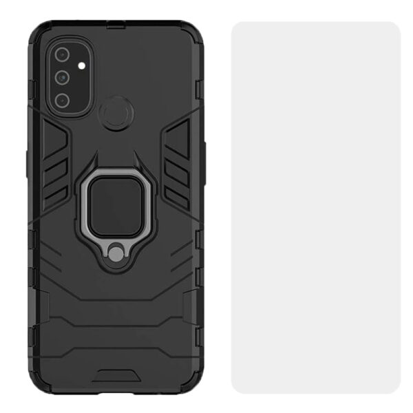 Set husa Comando Armor Ring cu folie de silicon compatibila cu OnePlus Nord N100, Antisoc, Ultrarezistenta, Protectie 360, Inel Metalic Rotativ, Negru