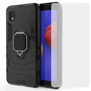 Set husa Comando Armor Ring cu folie de silicon compatibila cu Samsung Galaxy A01 Core / M01 Core, Antisoc, Ultrarezistenta, Protectie 360, Inel Metalic Rotativ, Negru