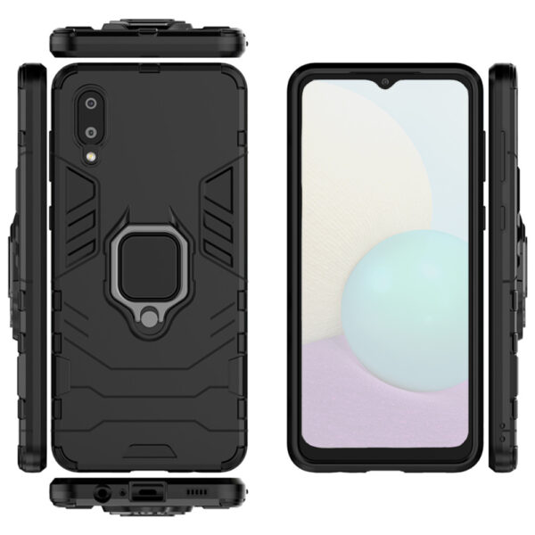 Set husa Comando Armor Ring cu folie de silicon compatibila cu Samsung Galaxy A02 / M02, Antisoc, Ultrarezistenta, Protectie 360, Inel Metalic Rotativ, Negru - 3