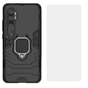 Set husa Comando Armor Ring cu folie de silicon compatibila cu Xiaomi Redmi Note 10 Pro / Note 10 Pro Max, Antisoc, Ultrarezistenta, Protectie 360, Inel Metalic Rotativ, Negru