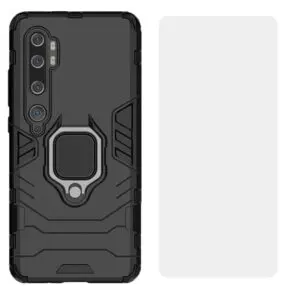 Set husa Comando Armor Ring cu folie de silicon compatibila cu Xiaomi Redmi Note 10 Pro / Note 10 Pro Max, Antisoc, Ultrarezistenta, Protectie 360, Inel Metalic Rotativ, Negru