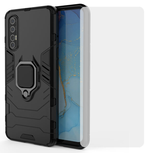 Set husa Comando Armor Ring cu folie de silicon compatibila cu Oppo Reno3 Pro, Antisoc, Ultrarezistenta, Protectie 360, Inel Metalic Rotativ, Negru