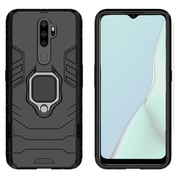 Set husa Comando Armor Ring cu folie de silicon compatibila cu Oppo A9 2020, Antisoc, Ultrarezistenta, Protectie 360, Inel Metalic Rotativ, Negru - 2