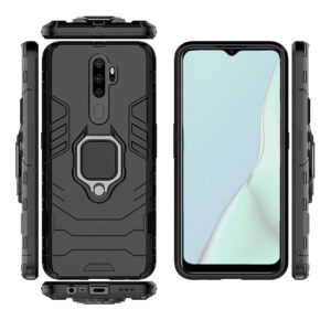 Set husa Comando Armor Ring cu folie de silicon compatibila cu Oppo A9 2020, Antisoc, Ultrarezistenta, Protectie 360, Inel Metalic Rotativ, Negru - 3