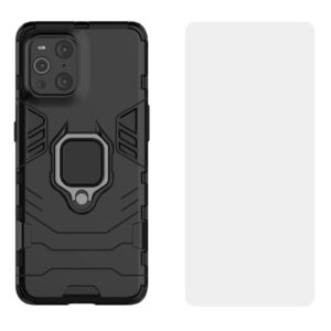 Set husa Comando Armor Ring cu folie de silicon compatibila cu Oppo Find X3 Pro / Find X3, Antisoc, Ultrarezistenta, Protectie 360, Inel Metalic Rotativ, Negru