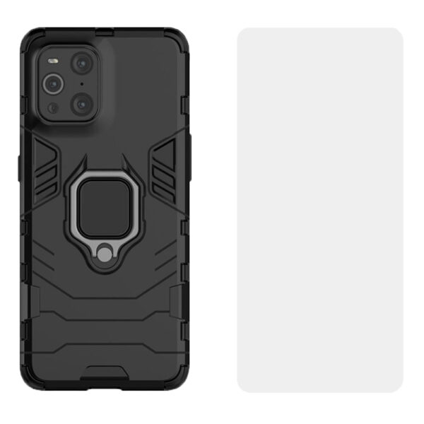 Set husa Comando Armor Ring cu folie de silicon compatibila cu Oppo Find X3 Pro / Find X3, Antisoc, Ultrarezistenta, Protectie 360, Inel Metalic Rotativ, Negru