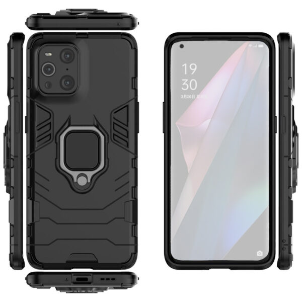 Set husa Comando Armor Ring cu folie de silicon compatibila cu Oppo Find X3 Pro / Find X3, Antisoc, Ultrarezistenta, Protectie 360, Inel Metalic Rotativ, Negru - 3