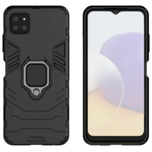 Set husa Comando Armor Ring cu folie de silicon compatibila cu Samsung Galaxy A22 5G, Antisoc, Ultrarezistenta, Protectie 360, Inel Metalic Rotativ, Negru - 2