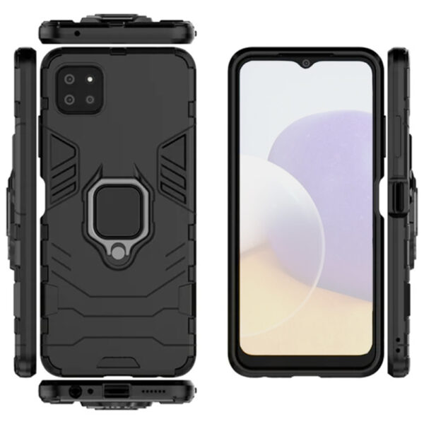 Set husa Comando Armor Ring cu folie de silicon compatibila cu Samsung Galaxy A22 5G, Antisoc, Ultrarezistenta, Protectie 360, Inel Metalic Rotativ, Negru - 3