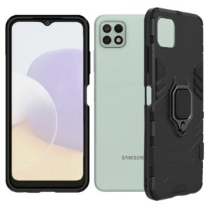 Set husa Comando Armor Ring cu folie de silicon compatibila cu Samsung Galaxy A22 5G, Antisoc, Ultrarezistenta, Protectie 360, Inel Metalic Rotativ, Negru - 4