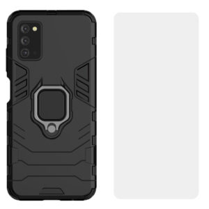 Set husa Comando Armor Ring cu folie de silicon compatibila cu Samsung Galaxy A03s, Antisoc, Ultrarezistenta, Protectie 360, Inel Metalic Rotativ, Negru