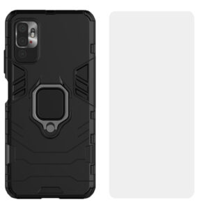 Set husa Comando Armor Ring cu folie de silicon compatibila cu Xiaomi Redmi Note 10 5G / Poco M3 Pro 5G, Antisoc, Ultrarezistenta, Protectie 360, Inel Metalic Rotativ, Negru