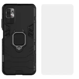 Set husa Comando Armor Ring cu folie de silicon compatibila cu Xiaomi Redmi Note 10 5G / Poco M3 Pro 5G, Antisoc, Ultrarezistenta, Protectie 360, Inel Metalic Rotativ, Negru