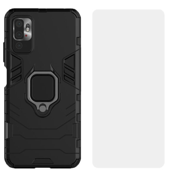 Set husa Comando Armor Ring cu folie de silicon compatibila cu Xiaomi Redmi Note 10 5G / Poco M3 Pro 5G, Antisoc, Ultrarezistenta, Protectie 360, Inel Metalic Rotativ, Negru