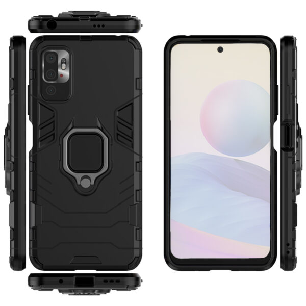 Set husa Comando Armor Ring cu folie de silicon compatibila cu Xiaomi Redmi Note 10 5G / Poco M3 Pro 5G, Antisoc, Ultrarezistenta, Protectie 360, Inel Metalic Rotativ, Negru - 3