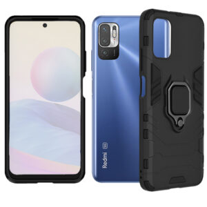 Set husa Comando Armor Ring cu folie de silicon compatibila cu Xiaomi Redmi Note 10 5G / Poco M3 Pro 5G, Antisoc, Ultrarezistenta, Protectie 360, Inel Metalic Rotativ, Negru - 4