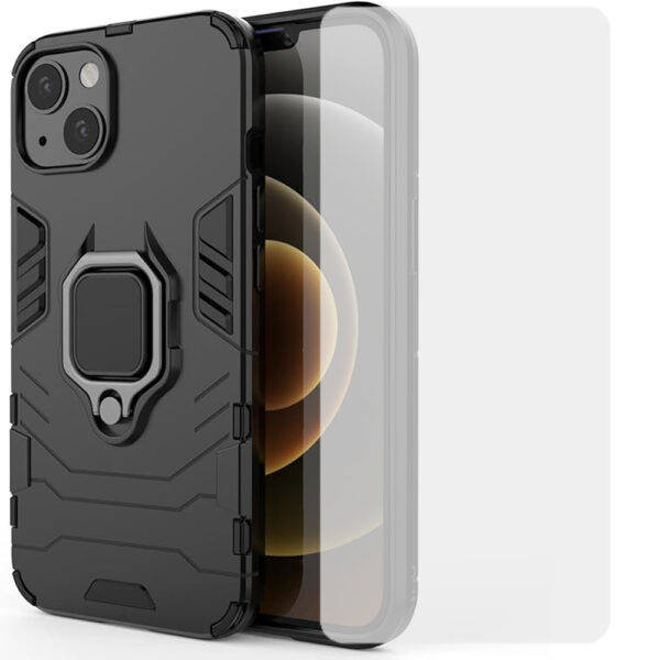 Set husa Comando Armor Ring cu folie de silicon compatibila cu Apple iPhone 13 mini, Antisoc, Ultrarezistenta, Protectie 360, Inel Metalic Rotativ, Negru