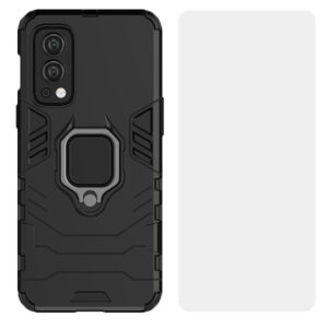 Set husa Comando Armor Ring cu folie de silicon compatibila cu OnePlus Nord 2 5G, Antisoc, Ultrarezistenta, Protectie 360, Inel Metalic Rotativ, Negru