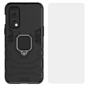 Set husa Comando Armor Ring cu folie de silicon compatibila cu OnePlus Nord 2 5G, Antisoc, Ultrarezistenta, Protectie 360, Inel Metalic Rotativ, Negru