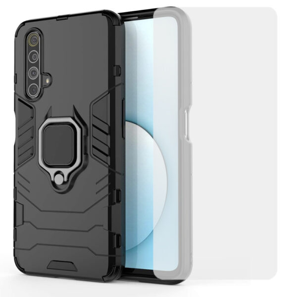 Set husa Comando Armor Ring cu folie de silicon compatibila cu Realme 6 / 6S, Antisoc, Ultrarezistenta, Protectie 360, Inel Metalic Rotativ, Negru