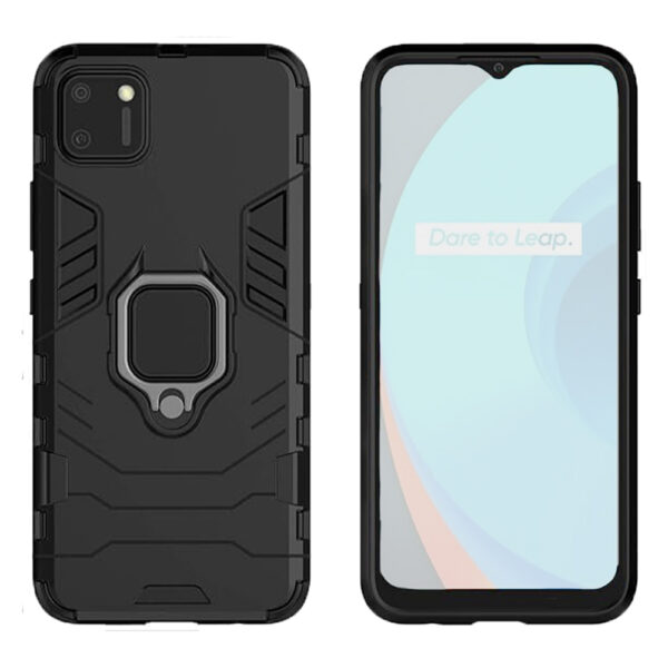 Set husa Comando Armor Ring cu folie de silicon compatibila cu Realme C11, Antisoc, Ultrarezistenta, Protectie 360, Inel Metalic Rotativ, Negru - 2