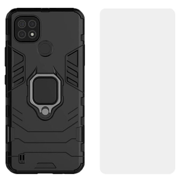 Set husa Comando Armor Ring cu folie de silicon compatibila cu Realme C21, Antisoc, Ultrarezistenta, Protectie 360, Inel Metalic Rotativ, Negru